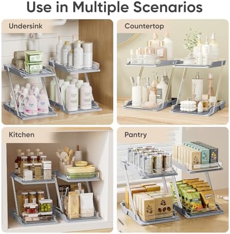 2 Pack Bathroom Organizers and Storage - Multi-Purpose,2-Tier Clear Pull Out Organization for Bathroom,Under Sink,Kitchen,Vanity,Countertop,Cabinet,Pantry & Medicine Cabinet,Grey