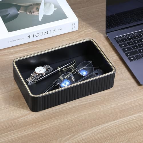 Desk Organizer Tray, PU Leather Nightstand Organizer, Black, Small