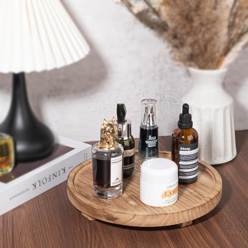 Round Decorative Tray Wood Bathroom Counter Organizer Farmhouse Kitchen Decor Wooden Riser for Soap Dish, Perfume, Candle, Sponge, 10" - Brown (Pack of 2)