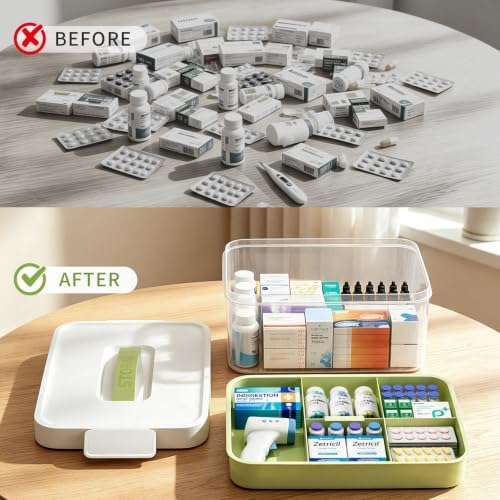 Clear Medicine Organizer Storage Box with Removable Tray, Green