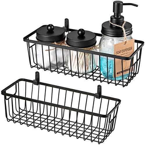 15-ounce Small Plastic Apothecary Jar - Qtip Dispenser Holder Storage Canister Acrylic Jar for Cotton Ball 2 Pack (Bronze) &Farmhouse Decor Metal Wire Bathroom Storage Organizer Basket Bins,2 Pack