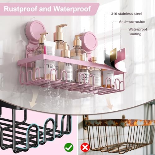 JOTPE Pink Suction Cup Shower Caddy, 2 Pack Bathroom Organizer with Hooks