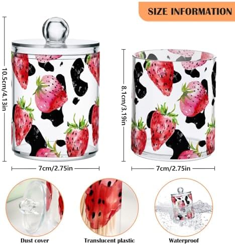 Watercolor Strawberries Cow Print Qtip Dispenser Set of 2, Apothecary Jars Bathroom Canister Storage Organization for Cotton Ball, Cotton Swab, Cotton Round Pads, Floss 10 Oz