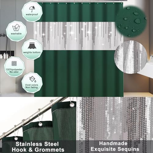 XLHOMO Dark Green Bathroom Sets with Shower Curtain and Rugs,Bathroom Sets Shower Curtain Set with Extra Soft and Absorbent Bathroom Rugs Green Bathroom Accessories