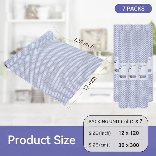 FIFTY FEET 12"x120" Non-Adhesive Shelf Liner for Kitchen Cabinets and Drawers, Washable Non-Slip PVC Cabinet Liner (Blue Circle)(7 Roll)