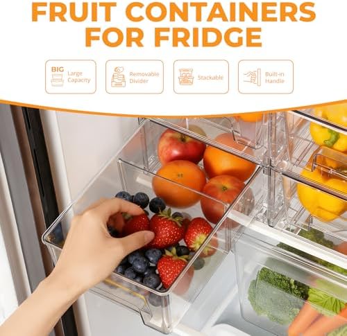 6 Pack Stackable Storage Drawers,Plastic Organizers Bins, Drawers Storage with Handles and Movable Dividers for Organization and Storage in Fridge,Bathroom, Pantry, Kitchen Cabinets, Under Sink