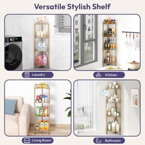 SWTYMIKI Standing Shower Caddy Corner - 4‑Tier Stainless Steel Shower Organizer Shelf with 12 Hooks and Adhesive Pads, Rustproof Corner Shelves Stand Rack for Bathroom Shower Room, Gold