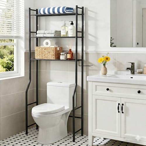Premium 3-Tier Over The Toilet Storage, Heavy Duty Carbon Steel Bathroom Organizer Space Saver with Paper Holder & Hooks, Freestanding Renter-Friendly Shelves Rack Above Commode, Matte Black (63" H)