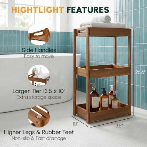 BEEFURNI 3-Tier Corner Standing Acacia Wood Shower Caddy Organizer