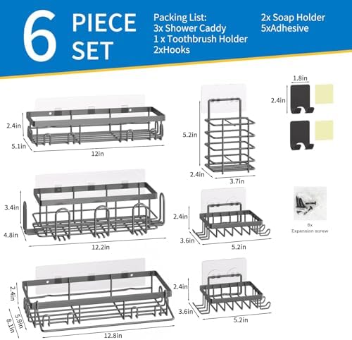 DTUQYX Shower Caddy 9 Pack,Adhesive Organizer for Bathroom Decor Accessories & Kitchen Storage,No Drilling,Large Capacity,Rustproof Stainless Steel Organizer,Home Decor Shelves (Grey 9 Pack)