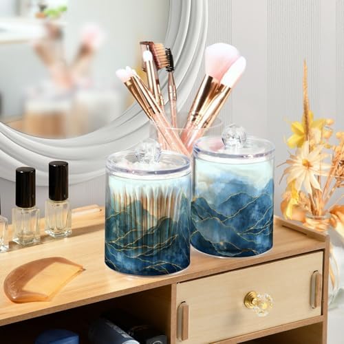MNSRUU 4 Pack Qtip Holder Organizer Dispenser Blue Watercolor Marble Bathroom Containers Bathroom Vanity Storage Canister Apothecary Jars for Cotton Swabs/Pads/Floss