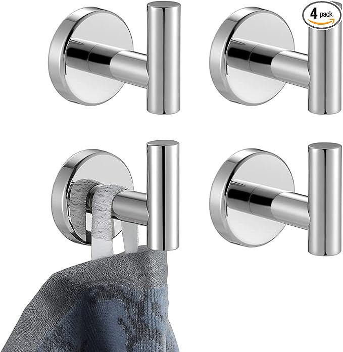 JQK Chrome Bathroom Towel Hook, 304 Stainless Steel Coat Robe Clothes Hook for Bathroom Kitchen Garage Wall Mounted (Pack of 4), TH100-CH-P4