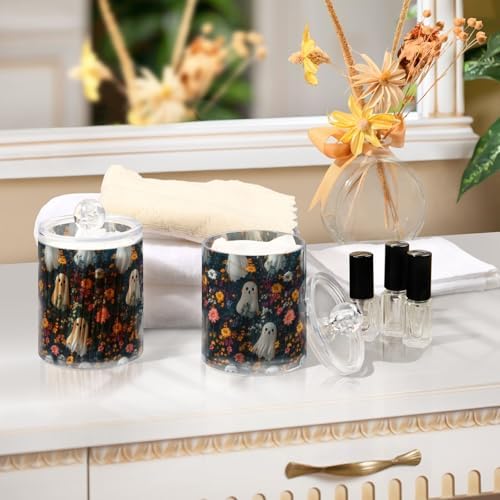 2 Pack Qtip Holder Organizer Dispenser Cute Ghosts with Flowers Bathroom Storage Canister Cotton Ball Holder Container for Cotton Pads/Swabs/Floss