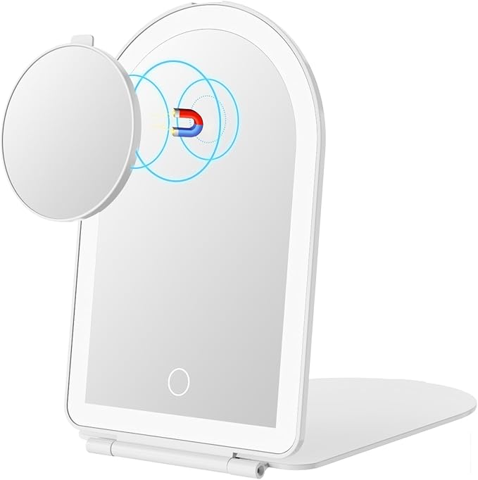 FUNTOUCH Rechargeable Travel Makeup Mirror with Lights Small 10X Magnify | Portable Lighted Compact Mirror with 10X Magnification,3 Lighting, Dimmable Touch, Tabletop Folding Cosmetic Vanity Mirror