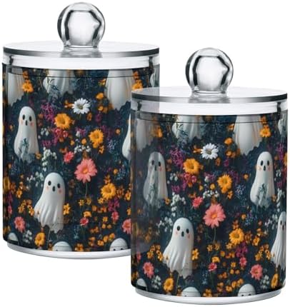 2 Pack Qtip Holder Organizer Dispenser Cute Ghosts with Flowers Bathroom Storage Canister Cotton Ball Holder Container for Cotton Pads/Swabs/Floss