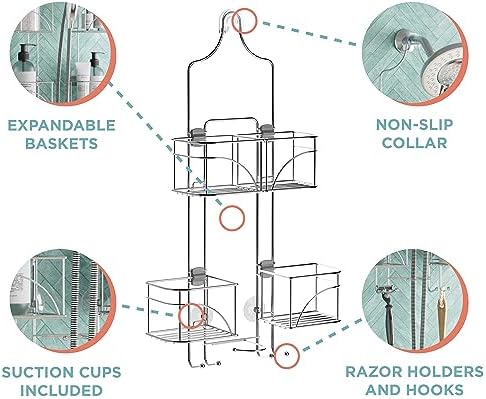 Zenna Home Shower Caddy Hanging Bathroom Organizer, Steel Shower Shelves with 4 Sliding Baskets and Built in Hooks, Accomodates Hose for Handheld Shower Head Storage System, Chrome