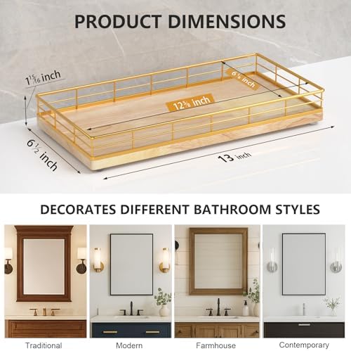 Toilet Paper Basket Organizer, Oak Wood Toilet Tank Tray with Metal Frame