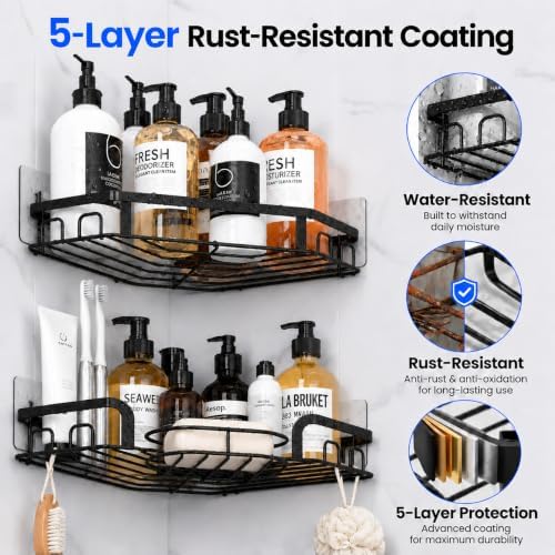 Corner Shower Caddy, Rustproof Shower Organizer with Soap Holder and 8 Hooks, No Drilling Adhesive Shower Shelves for Inside Shower, Large Capacity Shower Rack for Bathroom Shower Storage, Black