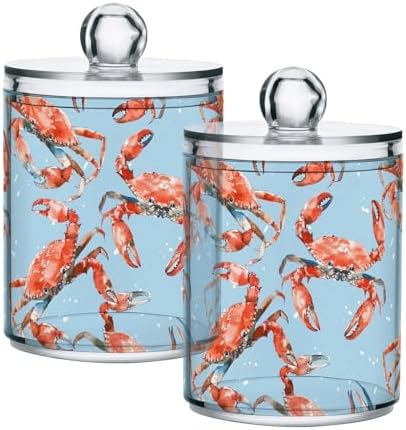 Red Crabs on Blue Qtip Dispenser Set of 2, Apothecary Jars Bathroom Counter Organizer for Cotton Pads, Cotton Ball, Cotton Swabs, Floss Picks 10 Oz