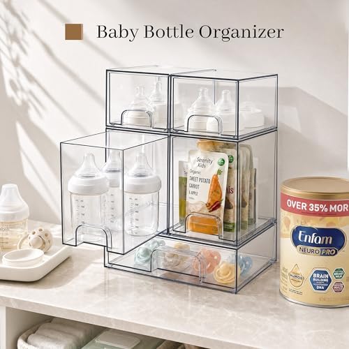 TIPGO Clear Stackable Storage Drawers, Baby Bottle Organizers, Easily-Access Makeup Organizer, Durable Containers for Bathroom Countertop, Pantry and Medicine Cabinet Organizer