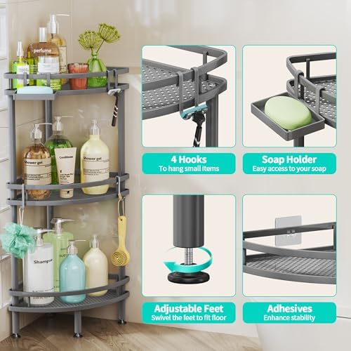 HapiRm Standing Corner Shower Caddy - 3 Tier Shower Organizer Corner with Soap Holder and 4 Hooks, Rustproof Bathroom Storage Shelves with Adhesives, Grey