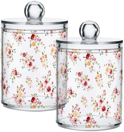 ALAZA Floral Rose Flower Watercolor 2 Pack Qtip Holder Dispenser for Cotton Swabs, Balls, Pads, Floss 10 oz Plastic Canister Organizer