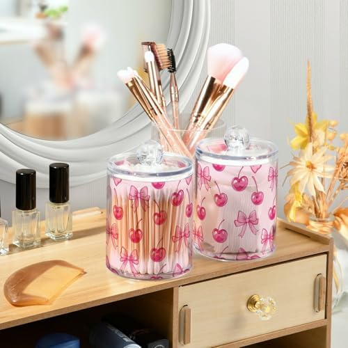 Gredecor 2 Pack Qtip Holder Clear Cherry Red Bows Apothecary Jars with Lids Acrylic Bathroom Jars Vanity Countertop Canister Storage Organizer for Cotton Ball,Swabs,Pads,Floss