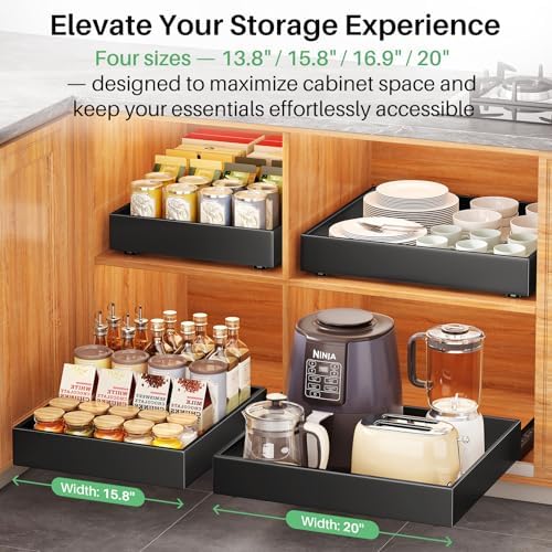 Pull out Cabinet Organizer, 21"Deep, 20"Wide Full-Extension Heavy Duty Slide out Drawers with Nano Adhesive, Roll Out Shelves Sliding Cabinet for Kitchen, Bathroom, Pantry, Under Sink Storage(Black)