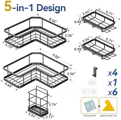YASONIC Corner Shower Caddy Adhesive, 100% Rustproof Shower Organizer with Soap and Troothbrush Holder, No Drill Shower Shelf for Inside Shower, Wall-Mounted Shower Storage for Homes (5 Pack, Black)
