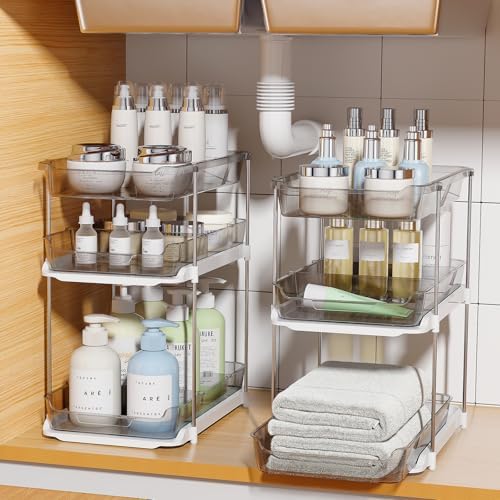 Delamu 2 Pack 3-Tier Bathroom Under Sink Organizers and Storage, Multi-Purpose Stackable Pantry Organization and Storage, Pull Out Clear Kitchen Bathroom Cabinet Organizer with Movable Dividers, Grey