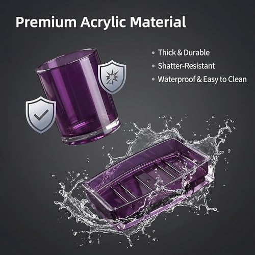 Bathroom Accessories Set, Acrylic Bathroom Accessory Set with Soap Dispenser,Soap Dish, Toothbrush Holder, Tumbler, Modern Bathroom Accessories Decor,Gift for Home (Purple-4)