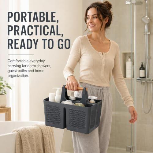 Haundry Portable Shower Caddy Tote with Wooden Handle, 3 Compartment Plastic Organizer Basket for College Dorm Essentials, Bathroom Cleaning Supplies, Gray