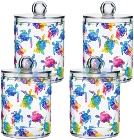ALAZA 2pcs Multicolor Watercolor Sea Turtle Qtip Holder Dispenser 14 oz Bathroom Storage Clear Apothecary Jars Containers Cotton Ball,Cotton Rounds,Floss Picks, Hair Clips, Food