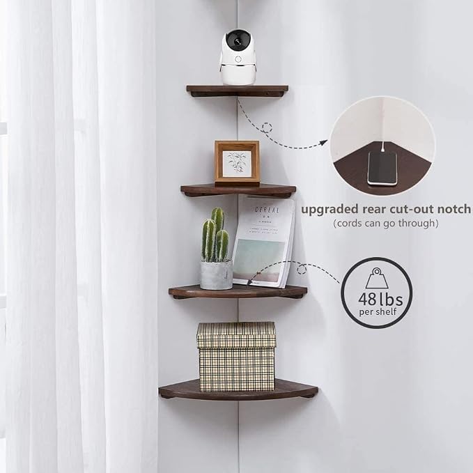 Corner Shelf,14inch Walnut Solid Wood Floating Corner Shelves Wall Mount Round End Floating Speaker Rack with Wire Hole for Small Plant for Bedroom Kitchen, Living Room