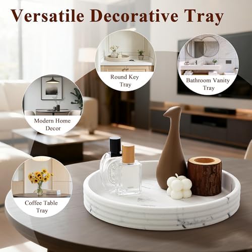 Round Decorative Tray, Modern Coffee Table Tray Decor 11" Resin White Tray