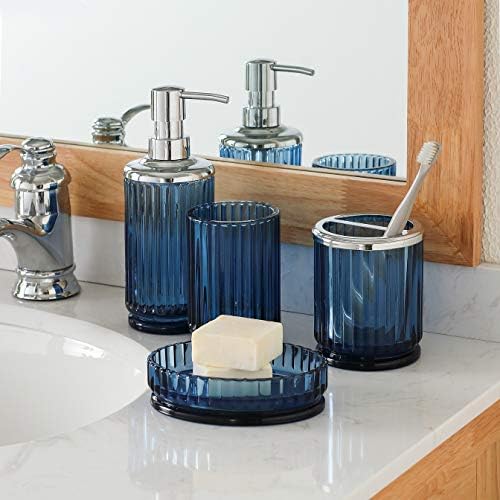 4PCs Heavy Weight Decent Blue Glass Bathroom Accessories Set with Decorative Pressed Pattern - Includes Hand Soap Dispenser & Tumbler & Soap Dish & Toothbrush Holder (Cobalt Blue)