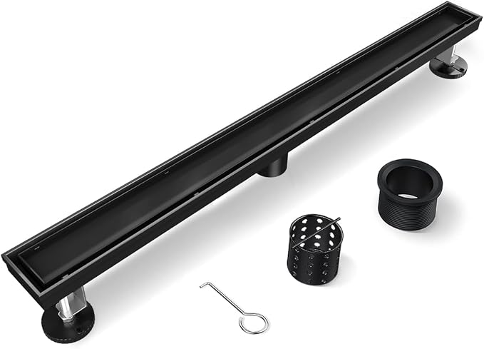 Linear Shower Drain, 60 Inch Black Shower Drain with Removable Tile Insert Grate, 2 in 1 Bathroom Modern 304 Stainless Steel Matte Black Shower Floor Drain with Adjustable Feet,Hair Strainer