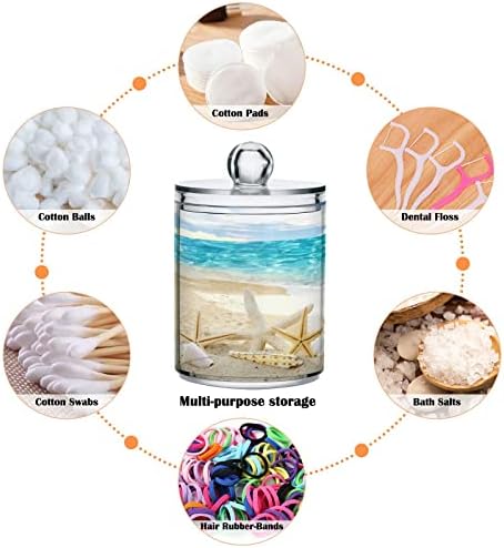 4 Pack Sea Beach Starfish Qtip Holder Dispenser with Lid, 14 oz Clear Plastic Apothecary Jar Set for Bathroom Vanity Organizers Storage Containers