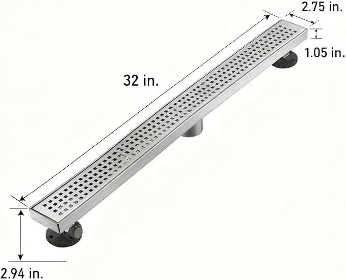 AVSIILE Linear Shower Floor Drain, Brushed Nickel 32 Inch 304 Stainless Steel Bathroom Drains Kit, Long Rectangular Shower Trench Drain with Square Pattern Drain Cover & Hair Catcher