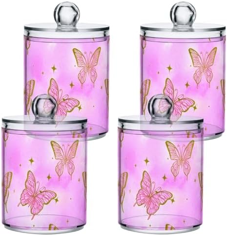 DOMIKING Butterfly Star Pink 2 Pack Cotton Swab Holder Dispenser Plastic Jar Bathroom Storage Canister Acrylic Containers for Cotton Round Pads Ball Swab