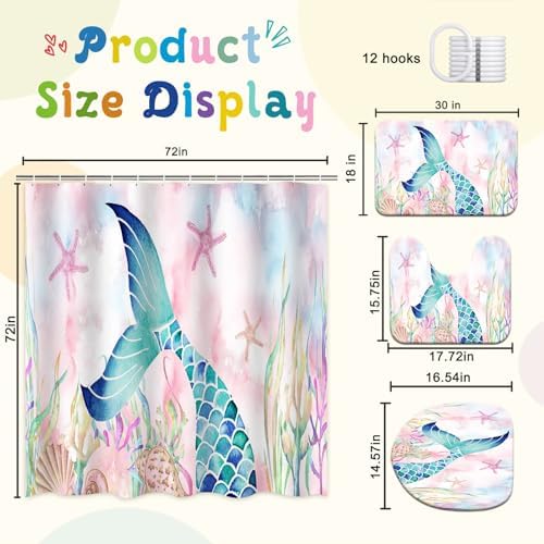 4 Pcs Mermaid Bathroom Set Pink Shower Curtain Sets with Non-Slip Rugs Toilet Lid Cover and Bath Mat Set, Kids Girl Bathroom Decor with 12 Hooks