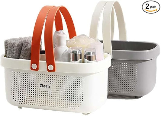 Plastic Shower Caddy Basket With/Drain Holes In Bottom, Portable Dorm Shower Basket Bathroom Storage Basket for Bathroom Body Wash, Shampoo - 12.4 * 6.14 * 7inch - White+Gray