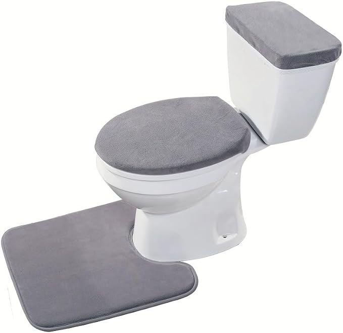 Madeals Velvet Toilet Lid Cover and Tank Lid Cover with Toilet Mat Memory Foam 3 Piece Toilet U Shaped Mat Set Grey