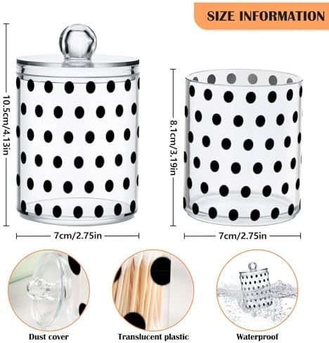 2 Pack Plastic Qtips Holder Black Spots Bathroom Organizer Canisters for Cotton Balls/Swabs/Pads/Floss,Plastic Apothecary Jars for Vanity