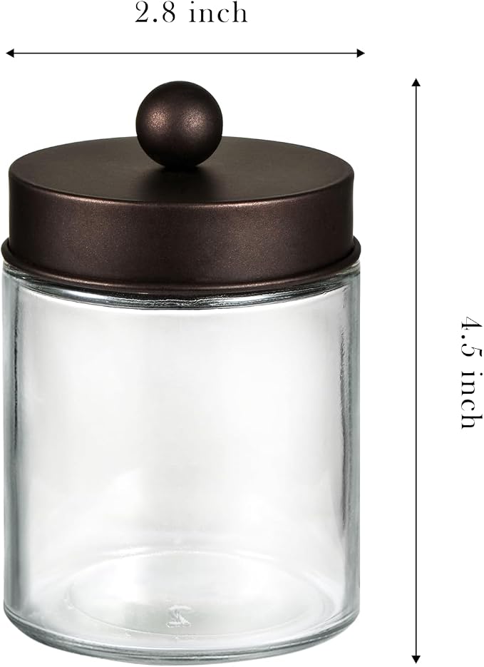 SheeChung 2 Pack Glass Qtip Holder with Bronze Stainless Steel Lids | Apothecary Jars with Stickers, Countertop Canister Guest Bathroom Storage Organizer Set for Cotton Swabs/Balls, Floss Picks