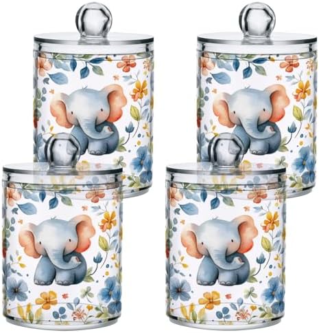 Elephant Qtip Holder 4 Pack - 10 Oz Clear Plastic Apothecary Jar Set for Bathroom Organization - Versatile Canister Storage for Cotton Balls, Swabs, Rounds