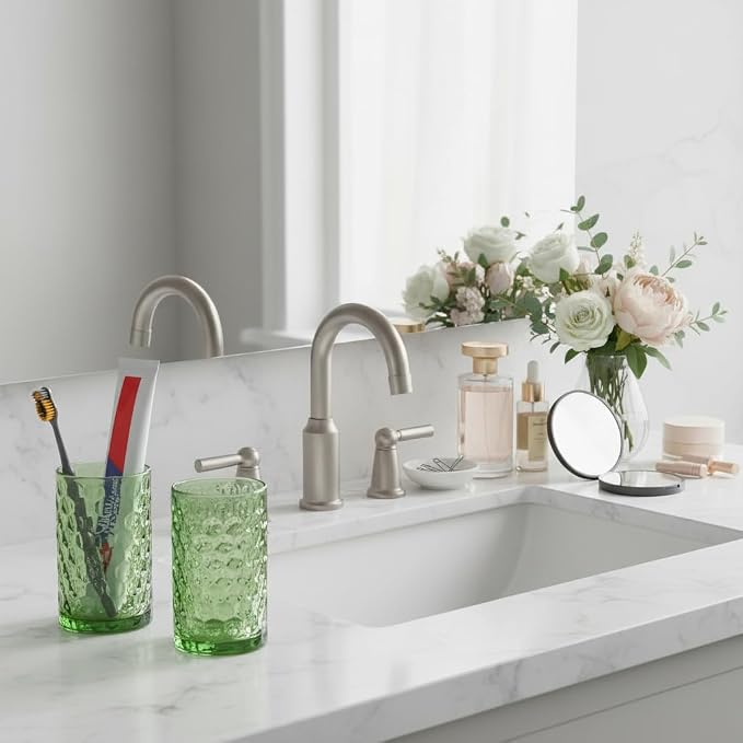 Bathroom Toothbrush Holder Set, 11oz Green Glass Toothbrush Holder and Bathroom Tumbler Cup Set, Decorative Countertop Storage Cups Organizer for Toothpaste, Brushes