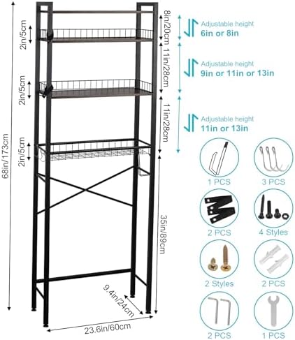 Over The Toilet Storage Rack, 4 Tier Freestanding Space Saver Bathroom Shelf, Adjustable Bathroom Stand Organizer with Paper Holder and 3 Removable Hooks