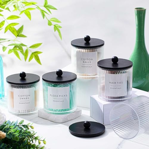 6 Pcs Plastic Holder Dispenser Bathroom Jars with Bamboo Lids, Black