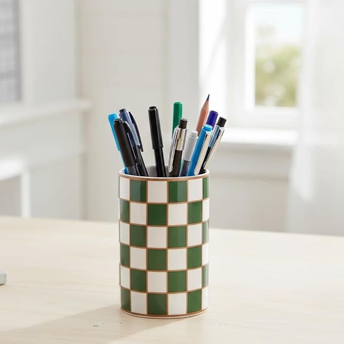 Checkered Bathroom Toothbrush Holder, Bathroom Black and White Ceramic Toothbrush Holder, Modern Toothbrush Box, Used for Bathroom countertop Storage Rack, Checkered Bathroom Decoration (Green)